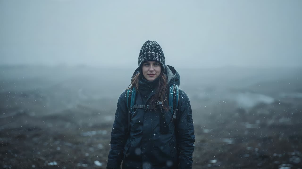 Standing woman hiker as camera tightening framing showing smile on foggy moor, with beanie and pack