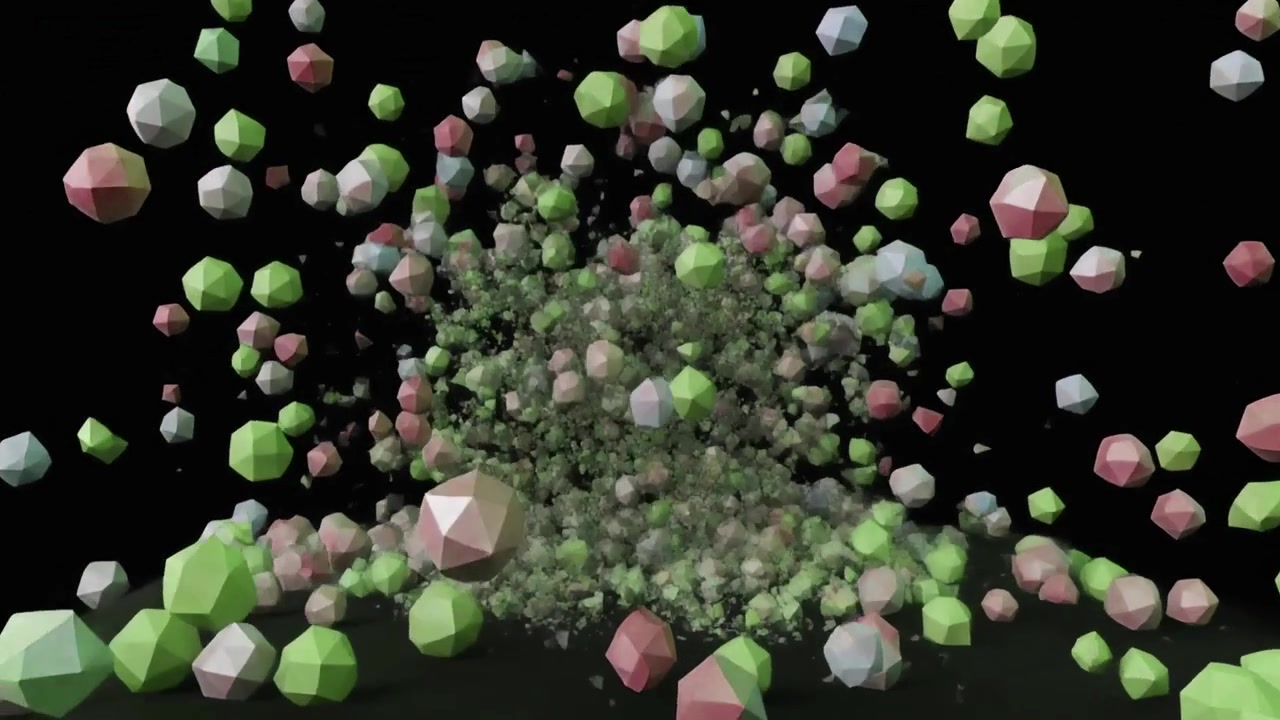 Animazione 3D astratta di forme geometriche che esplodono verso l'alto