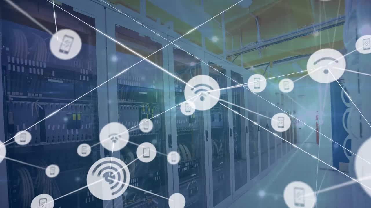 Animation of network of connections with icons over server room