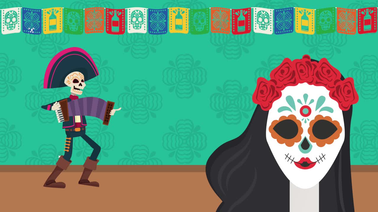 celebrazione del dia de los muertos con i teschi di katrina e mariachi