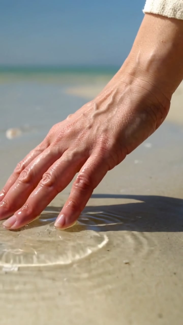 Adult reaching hand to sunlit shallow water touching making ripples on wet sand, copy space