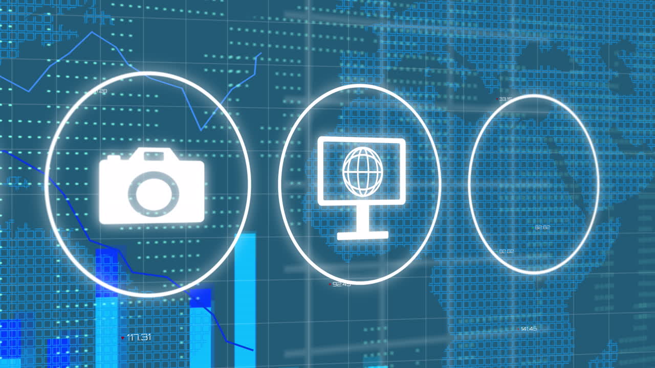 아이콘, 연결 및 세계 지도에 대한 데이터 처리의 애니메이션