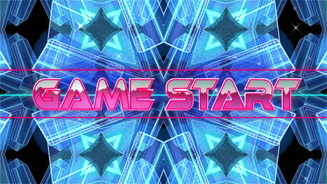 animación del texto de inicio del juego en letras metálicas rosadas sobre un caleidoscopio azul