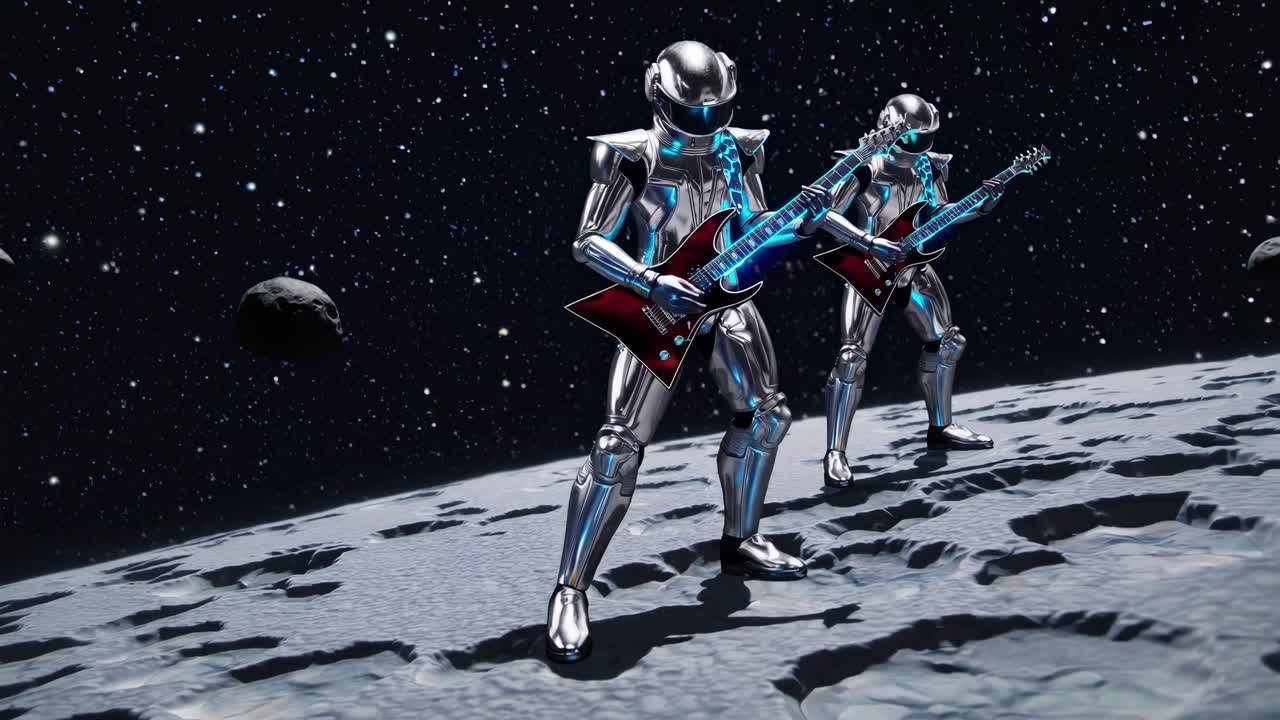메탈릭 로 뮤지션들이 달 표면에서 일렉트릭 기타 록 콘서트를 연주하고, 미래의 외계 음악 공연 중에 별이 가득한 우주 배경에서 지구와 함께 놀고 있습니다.