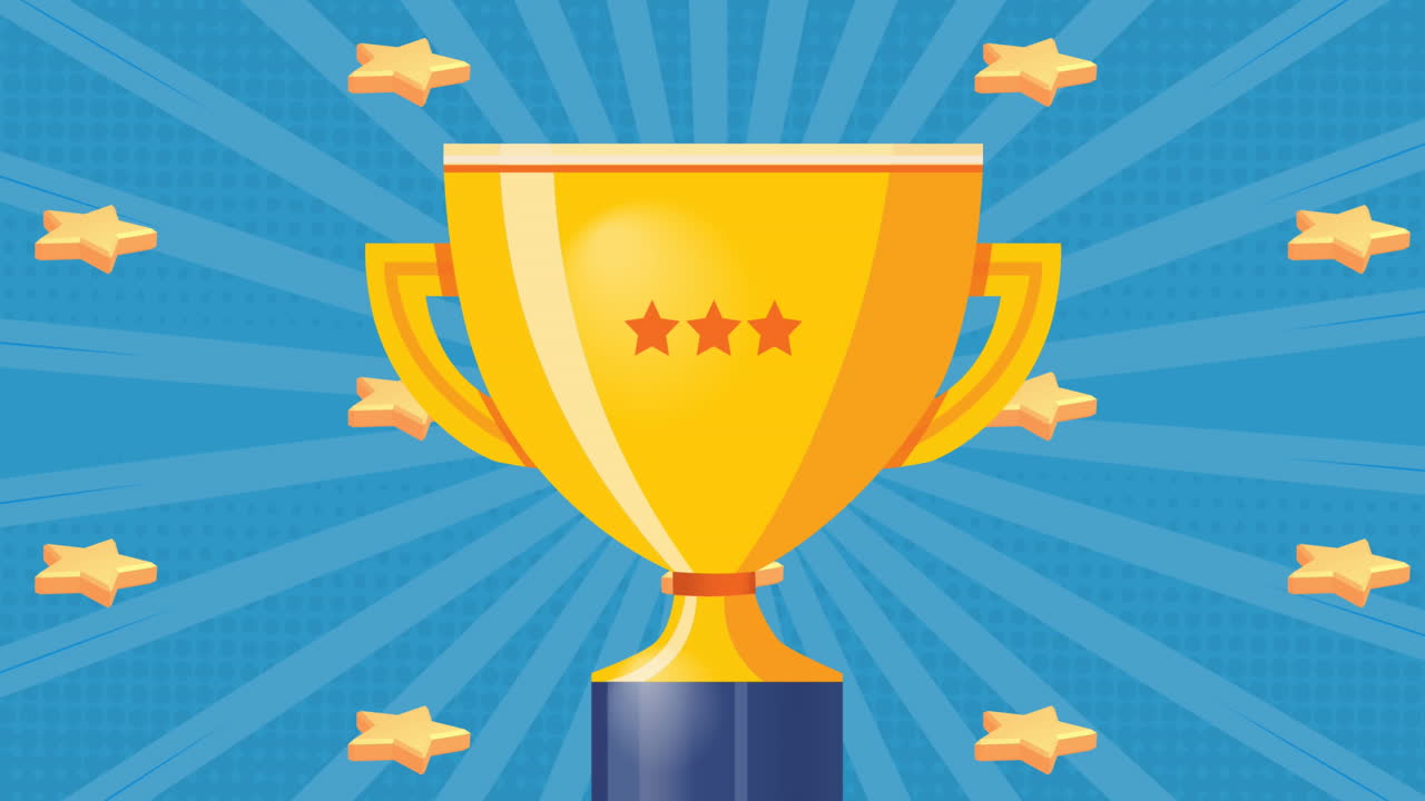 animación de copa de oro y estrellas sobre rayas azules girando