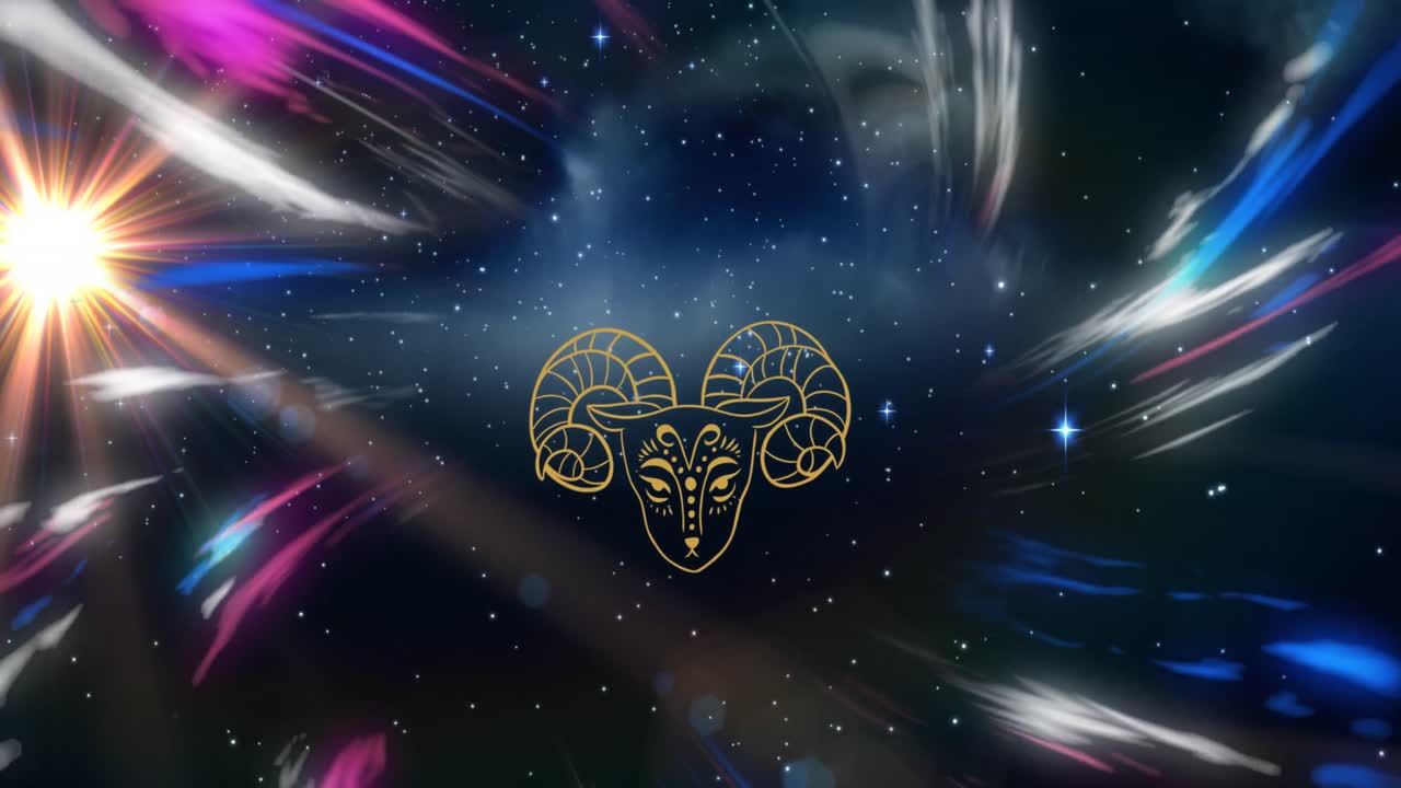 animación del signo estelar de aries sobre rastros de luz y estrellas.