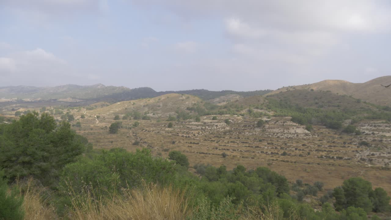Panoramica a sinistra di una bellissima montagna in Spagna con molti alberi e cespugli