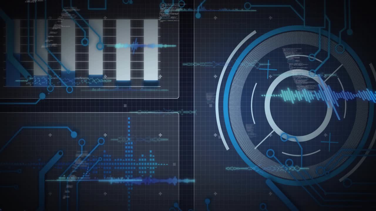Waveform starting left, moving right toward radar HUD, rings rotating, syncing pulses, monitoring