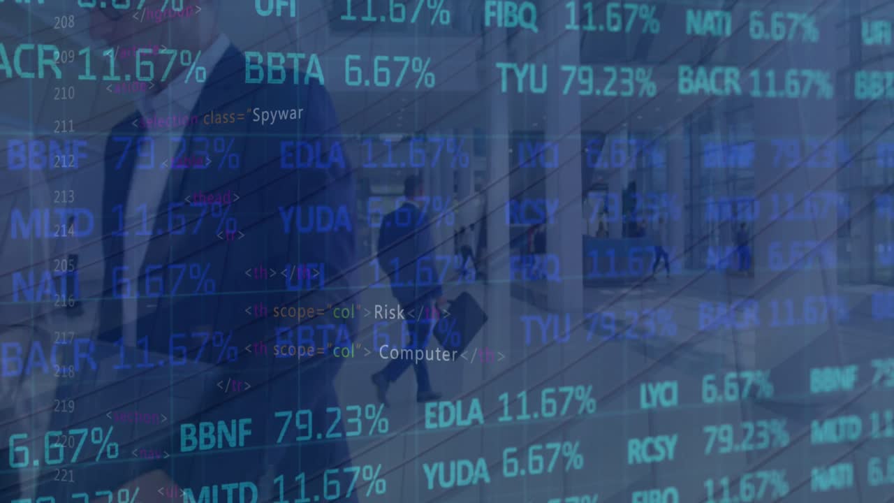 Animation of financial data over businesspeople walking in office