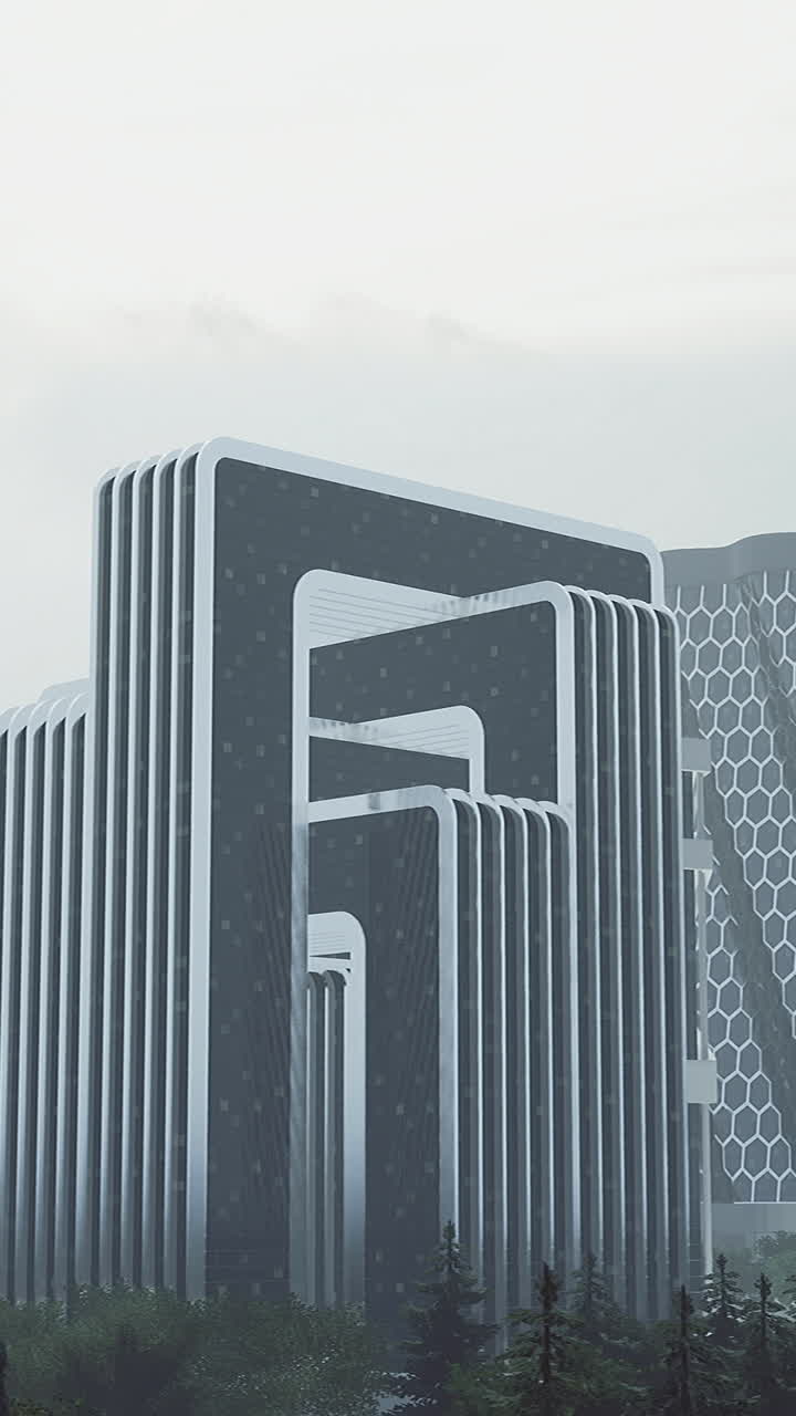 Modern urban skyline showcasing futuristic architecture in overcast weather