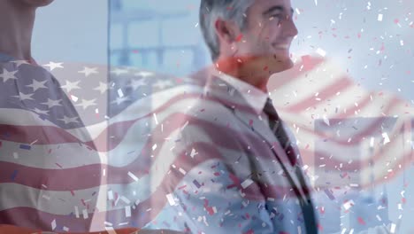 animation of confetti falling over american flag and businessman handshake