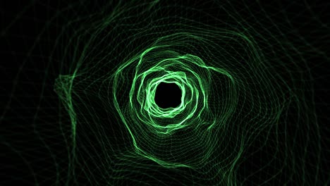 flight animation through abstract green tunnel. simple motion graphic background with glowing wormhole geometric mesh