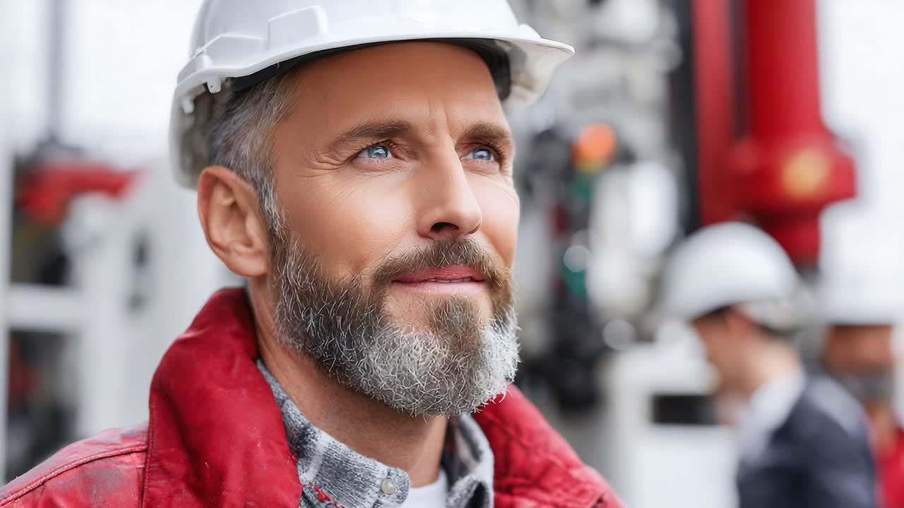 A Thoughtful Worker in Safety Gear: A Close-Up of a Man with a Beard in a Hard Hat, Capturing the Essence of Leadership and Responsibility in the Workplace