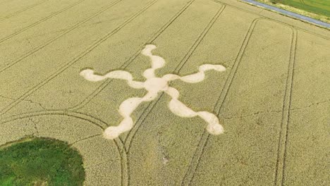 aerial view of intricate crop circle in a green field