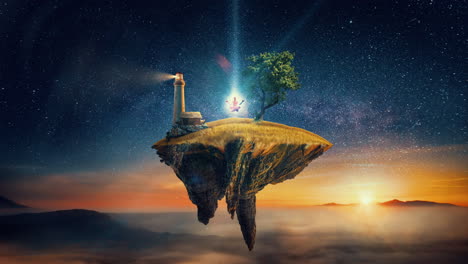 meditating man on a flying island, with glowing energy around him.