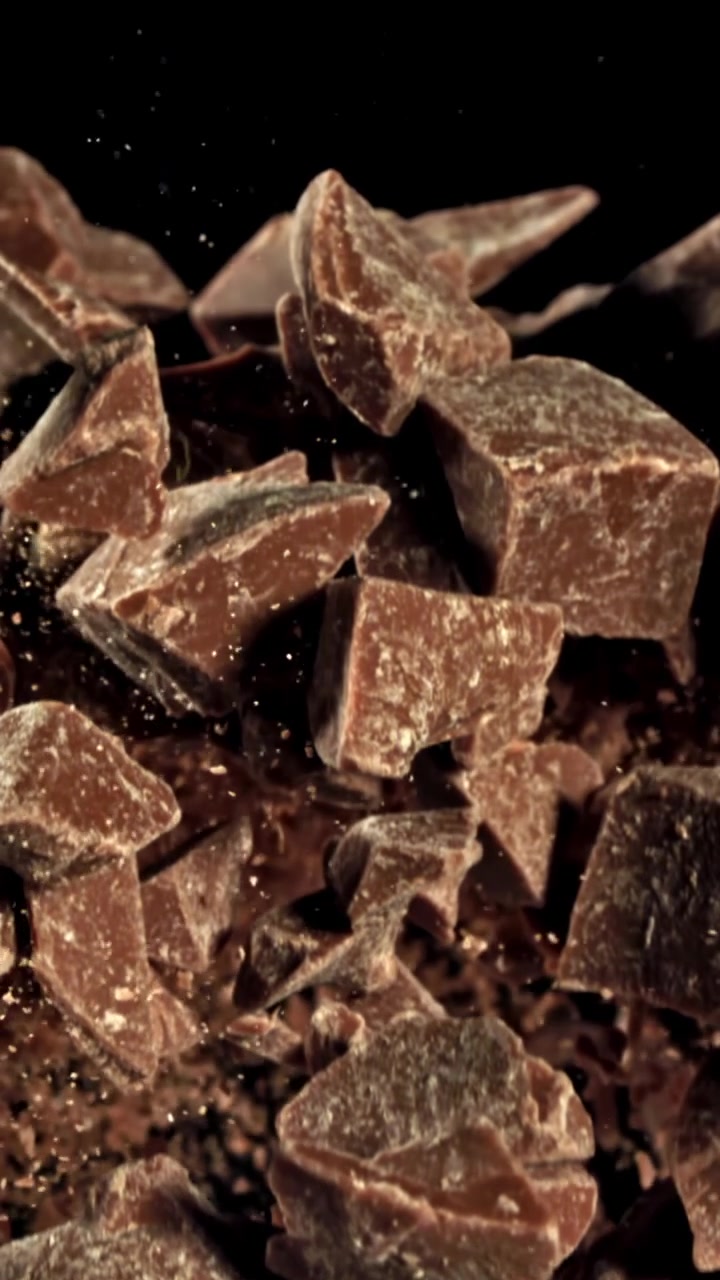 Movimento rallentato di pezzi di cioccolato che cadono su sfondo nero