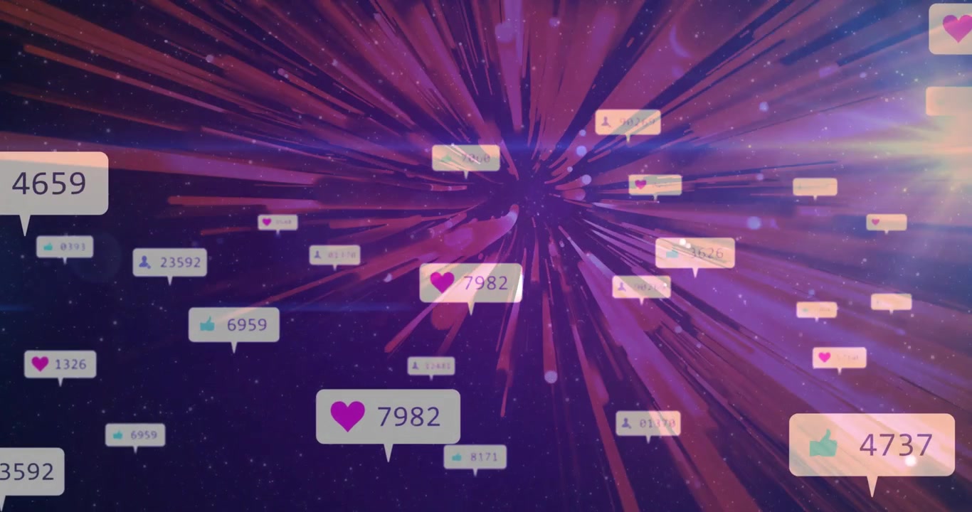 Social media bubbles being animated across cosmic background, featuring hearts, likes, user icons