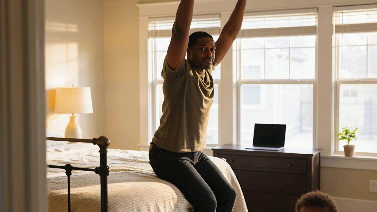 Rising olive tee father raising arms and standing from bed in sunlit bedroom, prompted by toddler