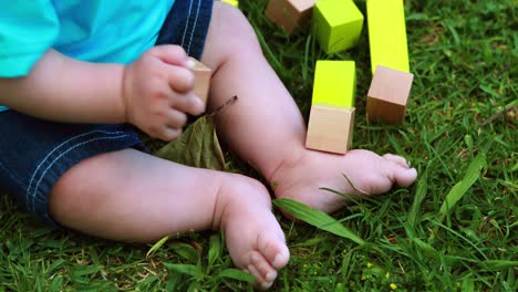 Niño-Jugando-Con-Bloques-De-Construcción-En-El-Césped