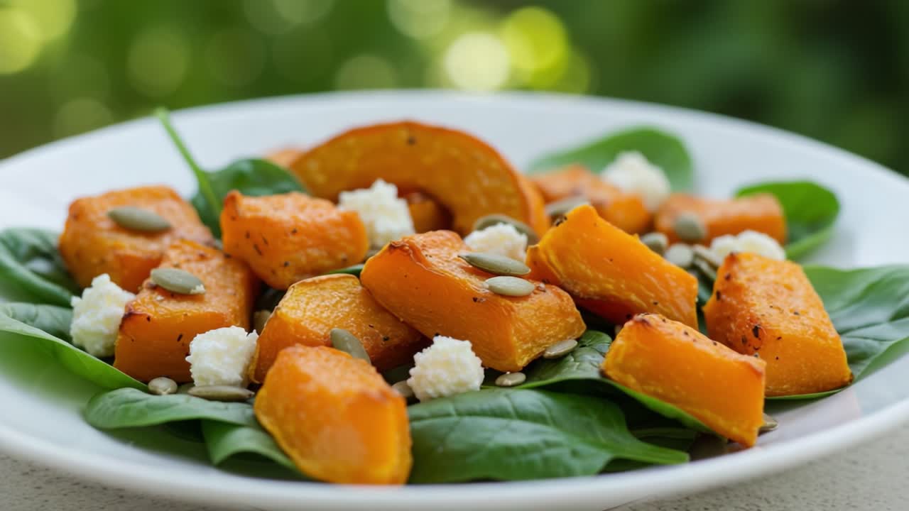 Roasted Pumpkin and Spinach Salad with Feta and Pumpkin Seeds