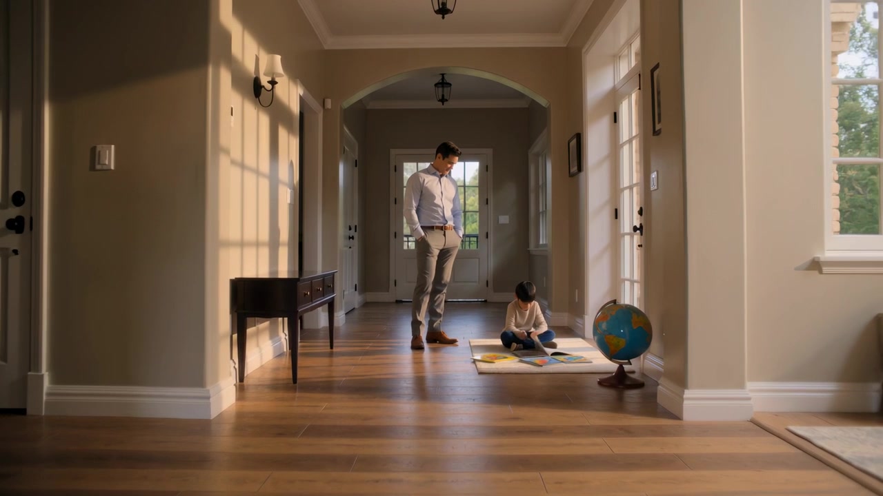 Uomo in camicia e cravatta che nota i compiti, supervisionando un bambino che gira le pagine su un tappeto nel corridoio con un mappamondo.