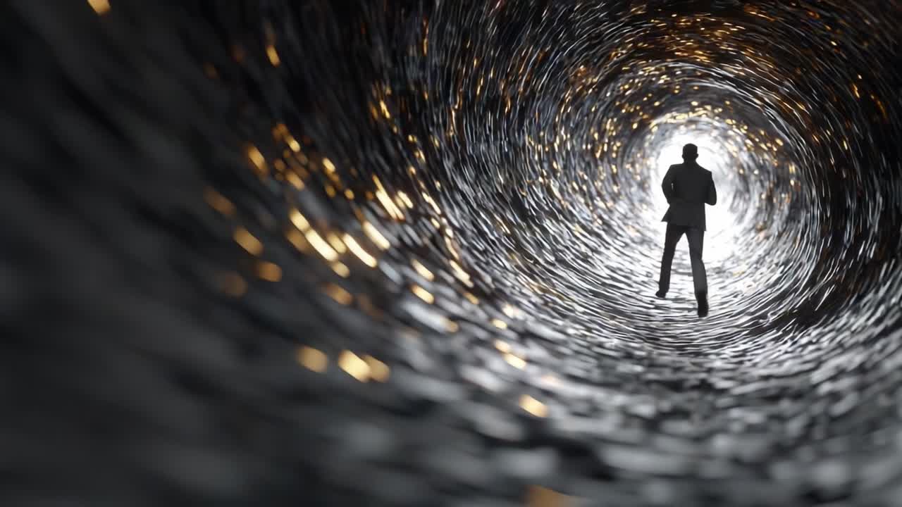 A Figure Running Through a Twisting Tunnel of Light and Shadow, Representing the Journey of Life and the Pursuit of Dreams Amidst a Mystical, Energetic Environment