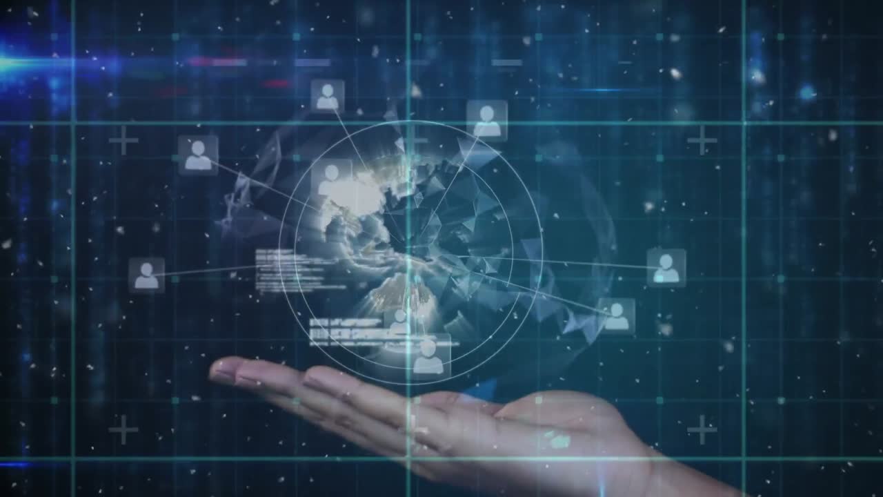 animación de un globo digital en mano con procesamiento de red y datos, en negro