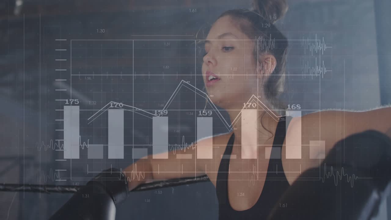 Kvindelig atlet læner sig mod ringreb og igangsætter puls-overlay og sporing af fitness-metrics.