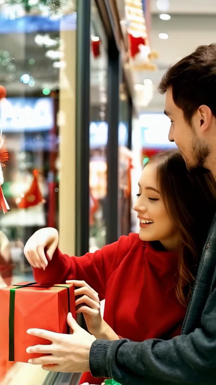 Couple exchanging gifts in a store