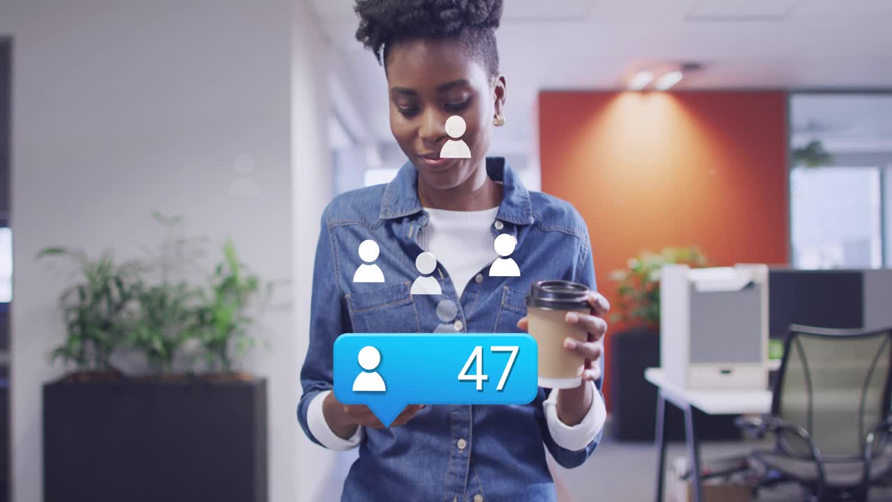 Woman walking office tapping phone checking work, blue bubble count rising, icons orbiting torso