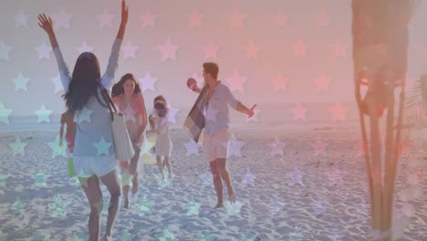 multiple blinking stars against group of friends walking at the beach