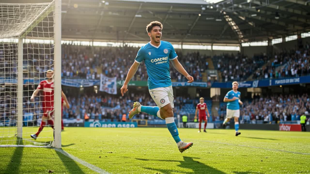 Exciting Moment in Soccer: Player Celebrates After Scoring a Goal During a Thrilling Match in a Bustling Stadium Filled with Fans and Team Spirit