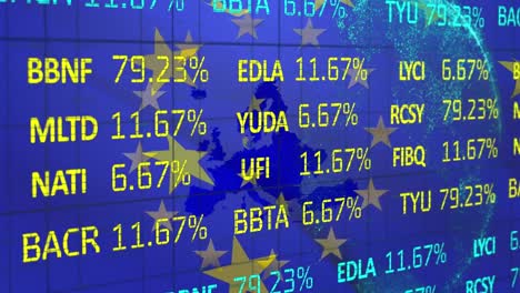 animación del procesamiento de datos financieros sobre la bandera de la ue con globo y mapa