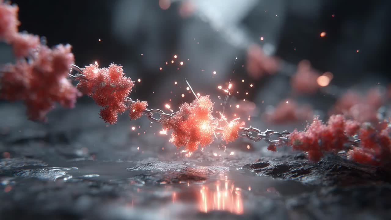 A Captivating Visual Journey of Abstract Connection: A Chain of Sparkling, Vibrant Elements Emerging from Dynamic Backgrounds in a Mesmerizing Display of Color and Light