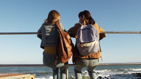 rear view of a caucasian and a mixed race girl talking and enjoying the sea view