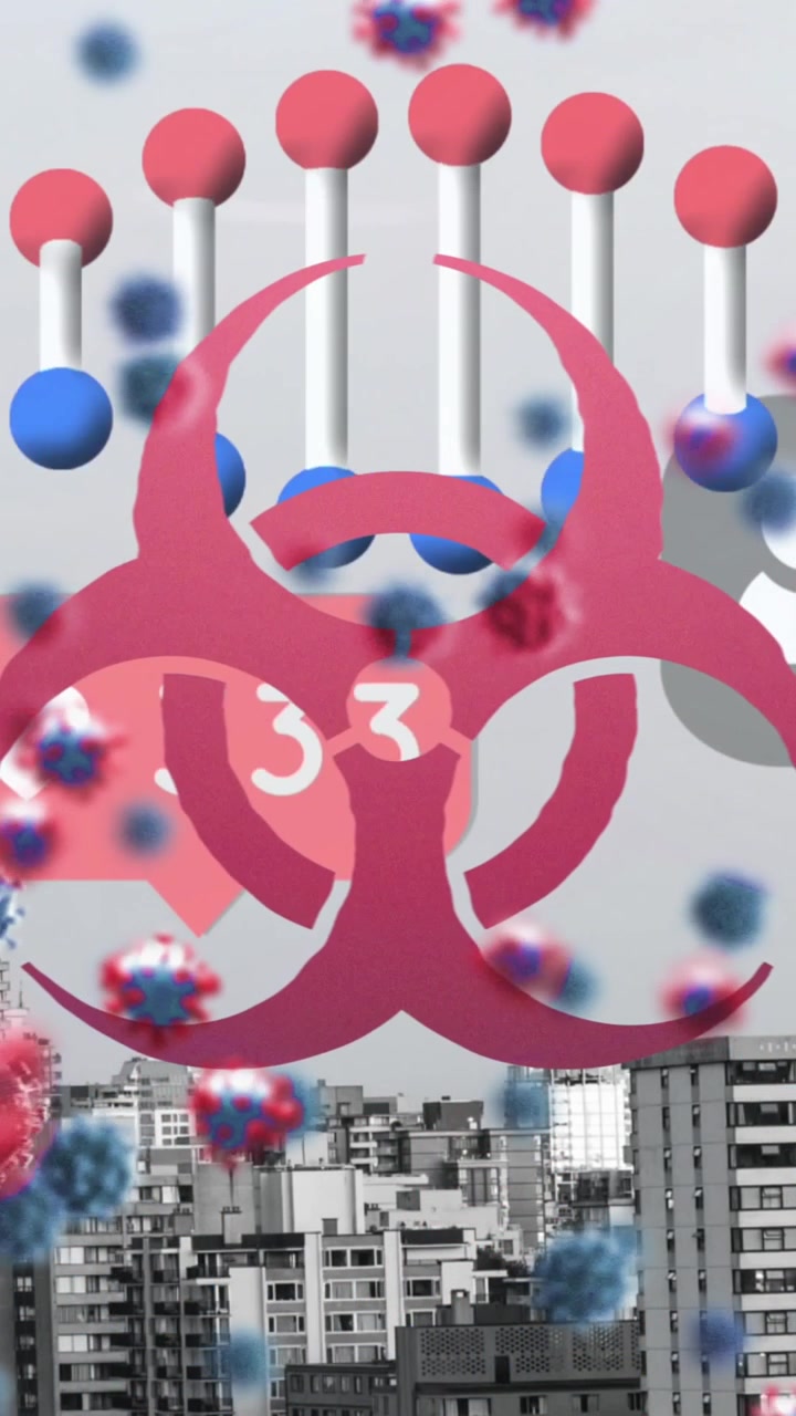 Şehir manzarası üzerinde artan beğeni sayıları ve profillerle birlikte 3 boyutlu DNA ve virüs animasyonu