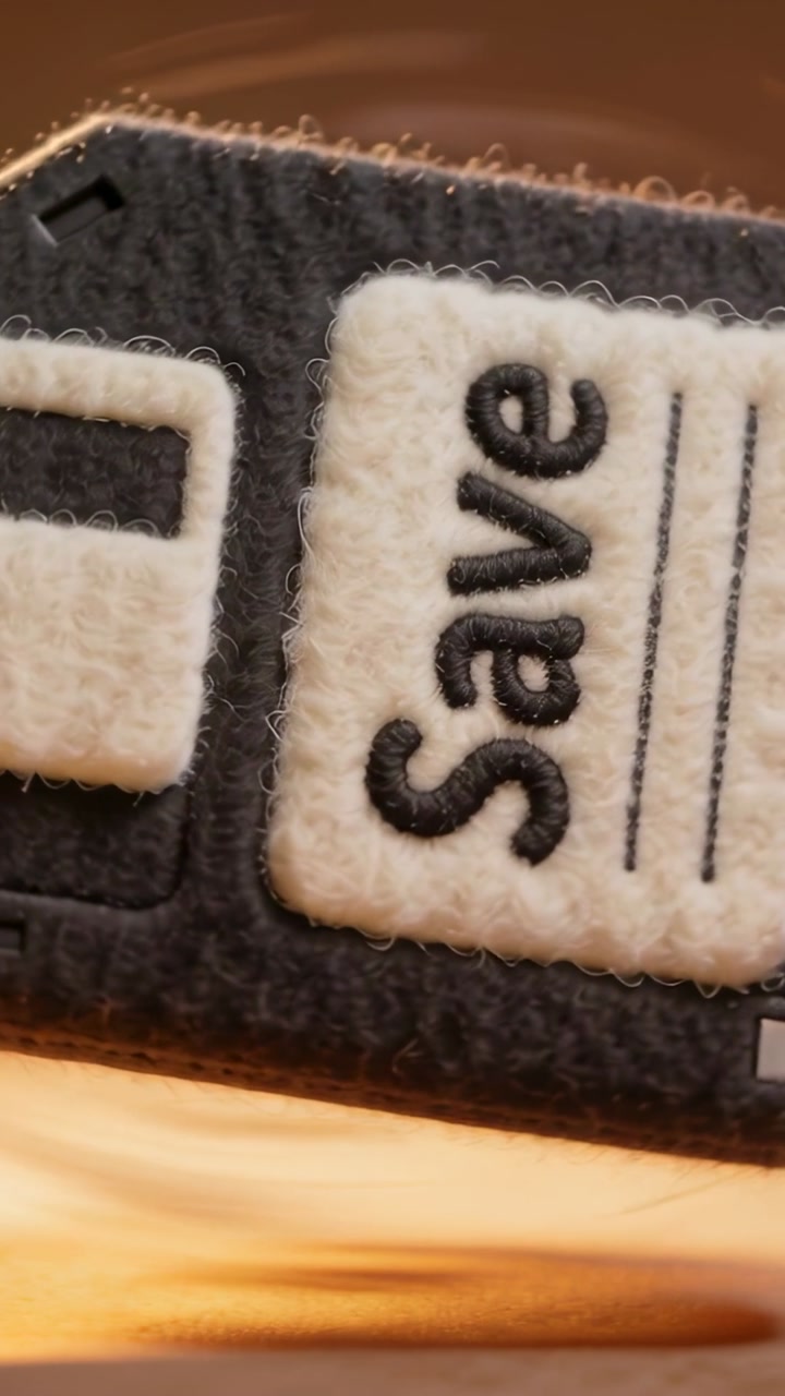 Vertical video: Rotating floppy felt patch as camera shifts, showcasing Save label on wood table