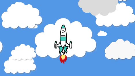 animation of spaceship rocket taking off with cut outs of white clouds