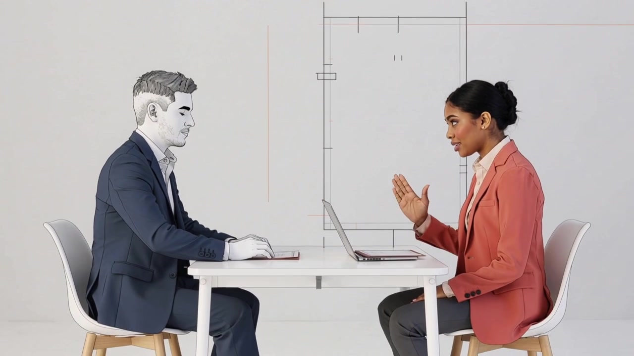 Extending slim folder, woman in pink blazer gesturing as man rotating tablet in studio for review