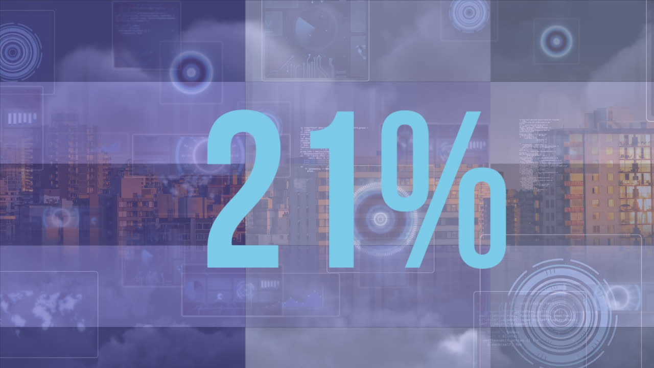 animación del procesamiento de datos y el paisaje urbano en porcentaje