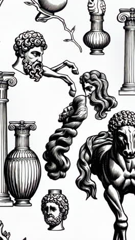 ornate black and white illustrations of classical and mythological forms