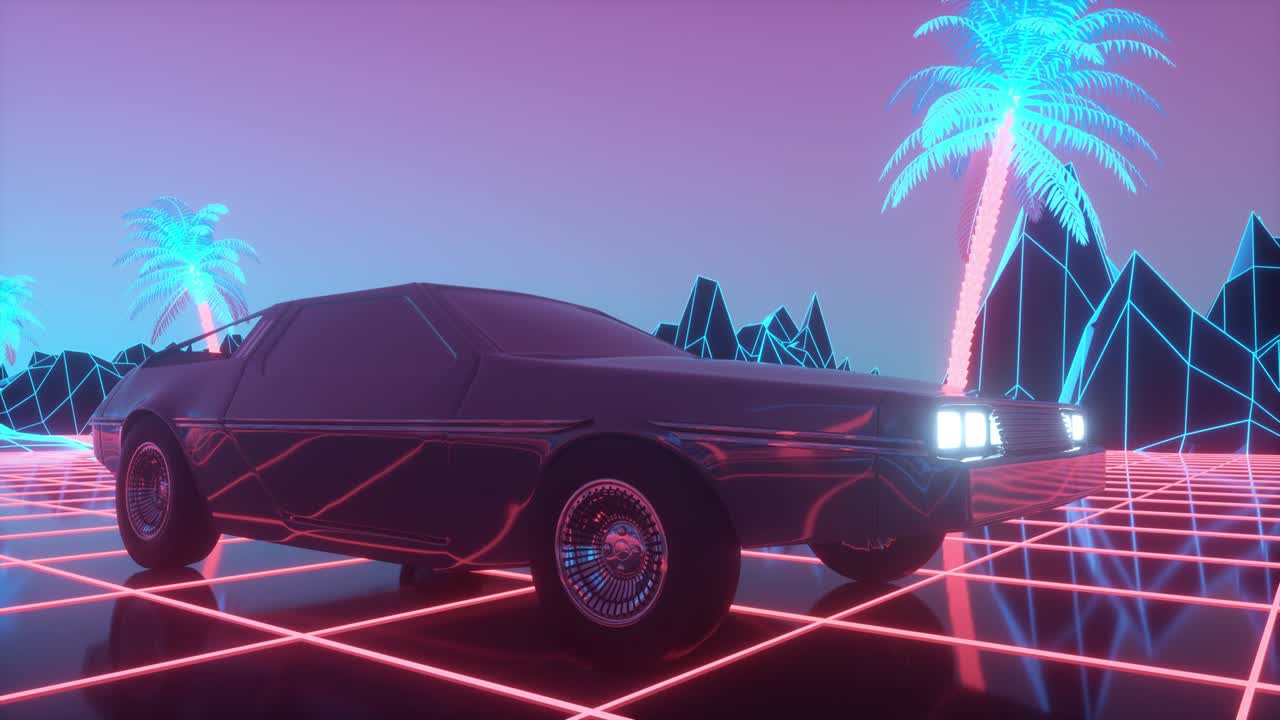 레트로-푸투리스틱 80년대 스타일의 공상과학 자동차 배경, 원활한 루프 3d 비디오 애니메이션