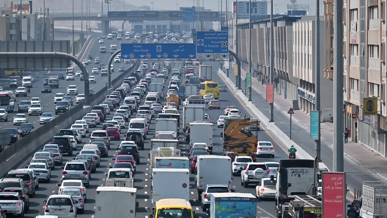Slow-moving traffic on Sheikh Mohamed bin Zayed Road heading towards Dubai from Sharjah National Paints in the UAE
