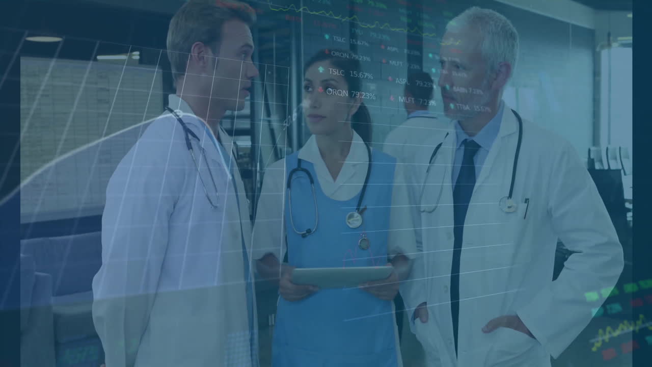 Animação de processamento de dados financeiros sobre médicos diversos em hospital
