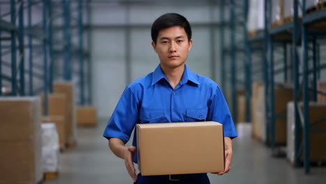 Man in blue uniform holding a box in a warehouse