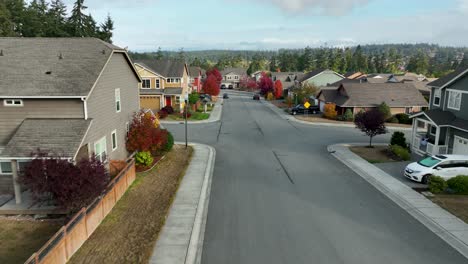 Vista-Aérea-De-Un-Barrio-Americano-Decorado-Para-Halloween-Con-Hojas-Rojas-En-Los-árboles