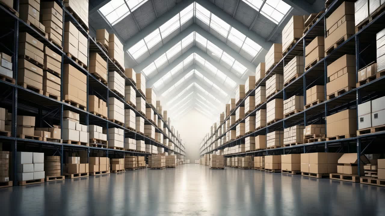 Large Modern Warehouse with Stacks of Cardboard Boxes on Shelves
