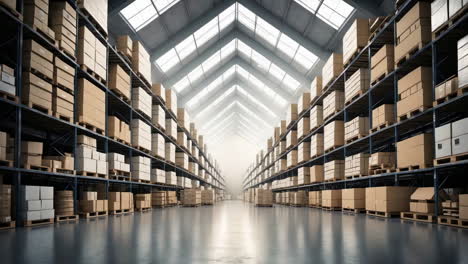large modern warehouse with stacks of cardboard boxes on shelves