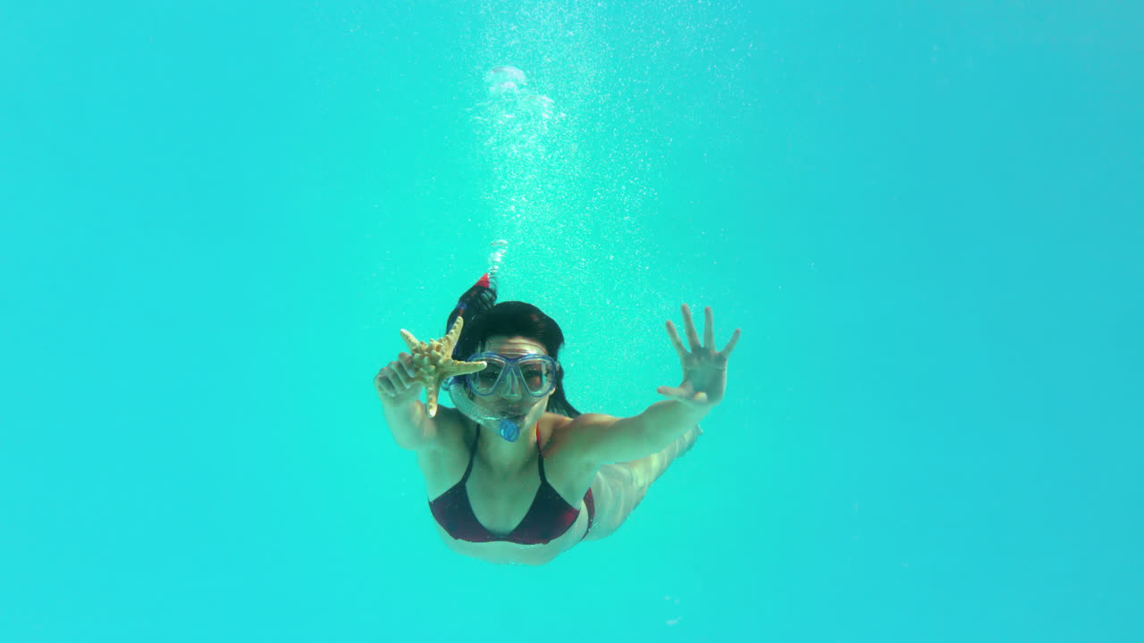 Donna bruna che nuota sott'acqua con boccaglio e tiene una stella marina.