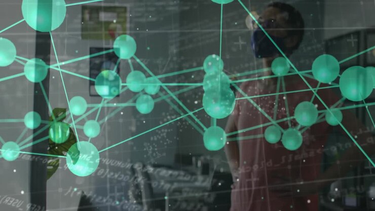 masked woman standing behind holographic network in tech lab, with turquoise nodes and code overlay